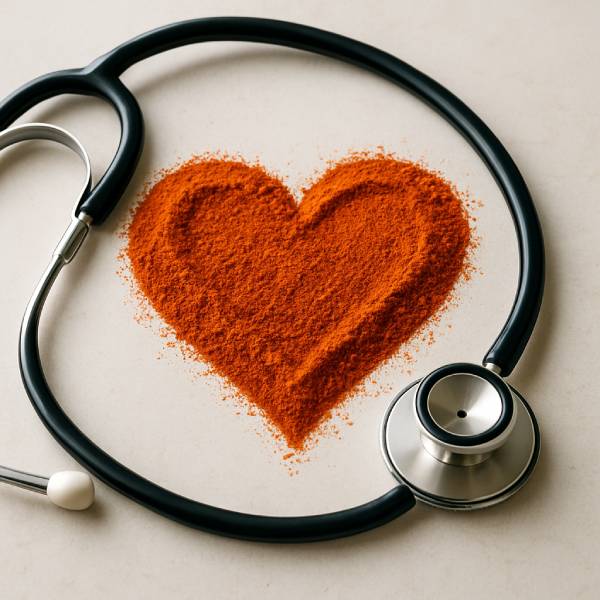 Poudre de piment de Cayenne dessinant un cœur entouré d’un stéthoscope
