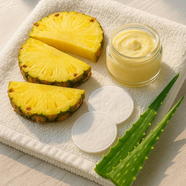 Soin visage maison à base d’ananas présenté sur une serviette de spa