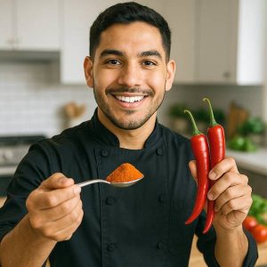 Jeune chef souriant présentant les bienfaits du piment de Cayenne dans une cuisine moderne