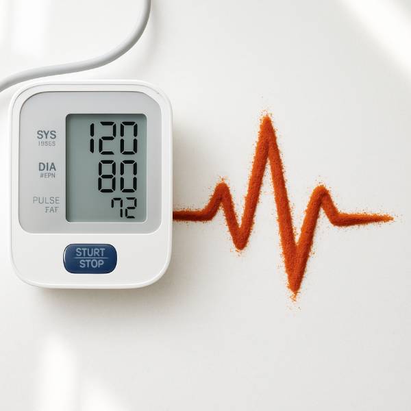 Piment de Cayenne formant une ligne de pouls à côté d’un tensiomètre