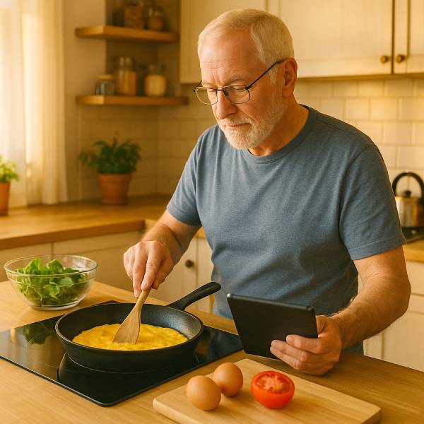 Senior préparant une omelette