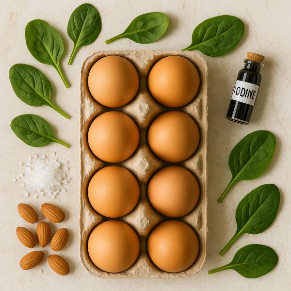 Carton d’œufs entouré d’aliments riches en vitamines et minéraux