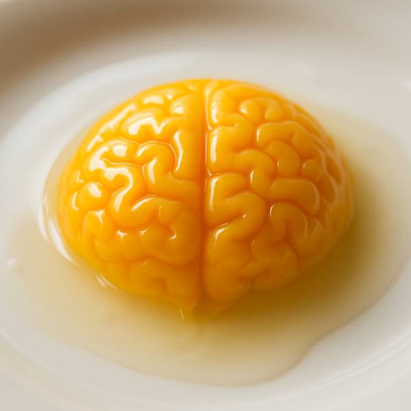 Gros plan d’un jaune d’œuf évoquant la forme d’un cerveau