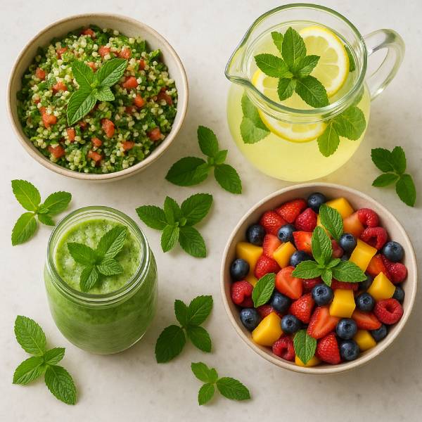 Vue dessus d’un plan de travail avec plats et boissons à la menthe variés