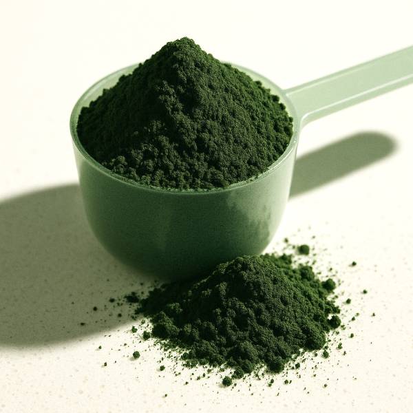 Cuillère doseuse débordant de poudre de chlorophylle sur un plan de travail.