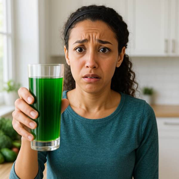 Jeune femme souriante tenant un verre de boisson à la chlorophylle dans une cuisine lumineuse.