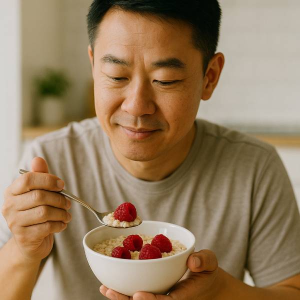 Homme dans une cuisine dégustant un bol de flocons d’avoine aux framboises.