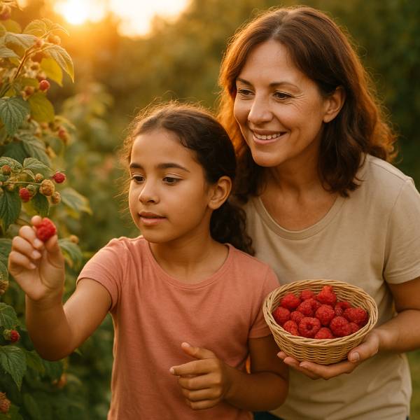 Une maman et sa fille cueillant des framboises dans un jardin en fin de journée.